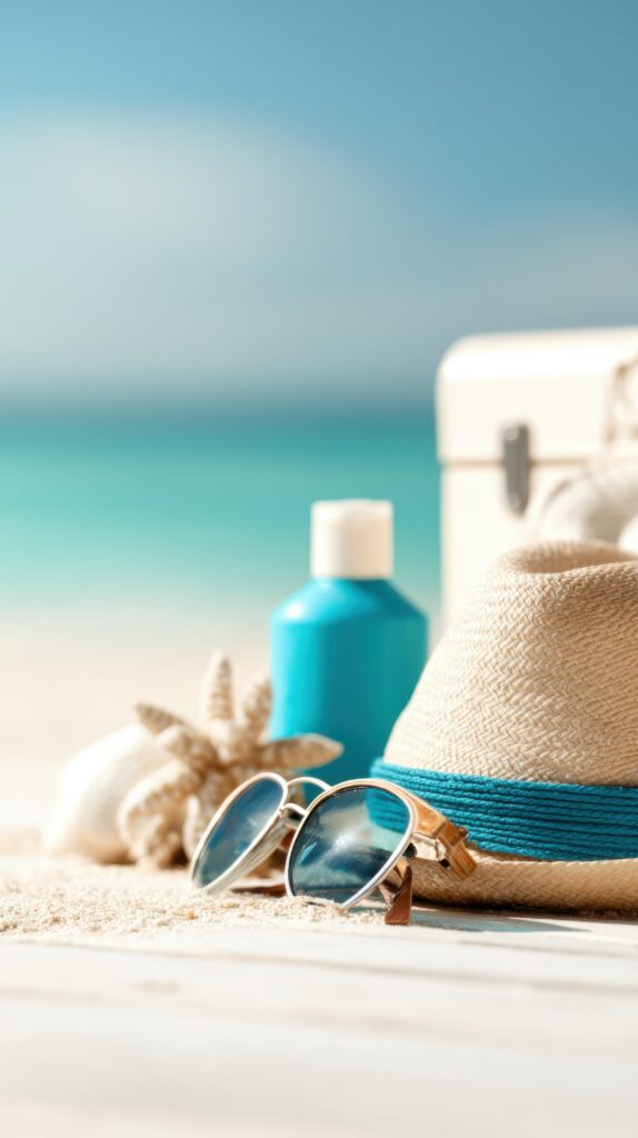 le soleil, chapeau, crème et lunettes de soleil